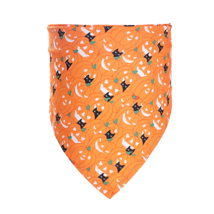 Halloween dog bandana with pumpkin print tied on a dog