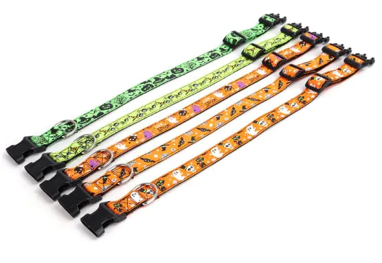 Halloween dog collar in woven nylon with spider and pumpkin designs